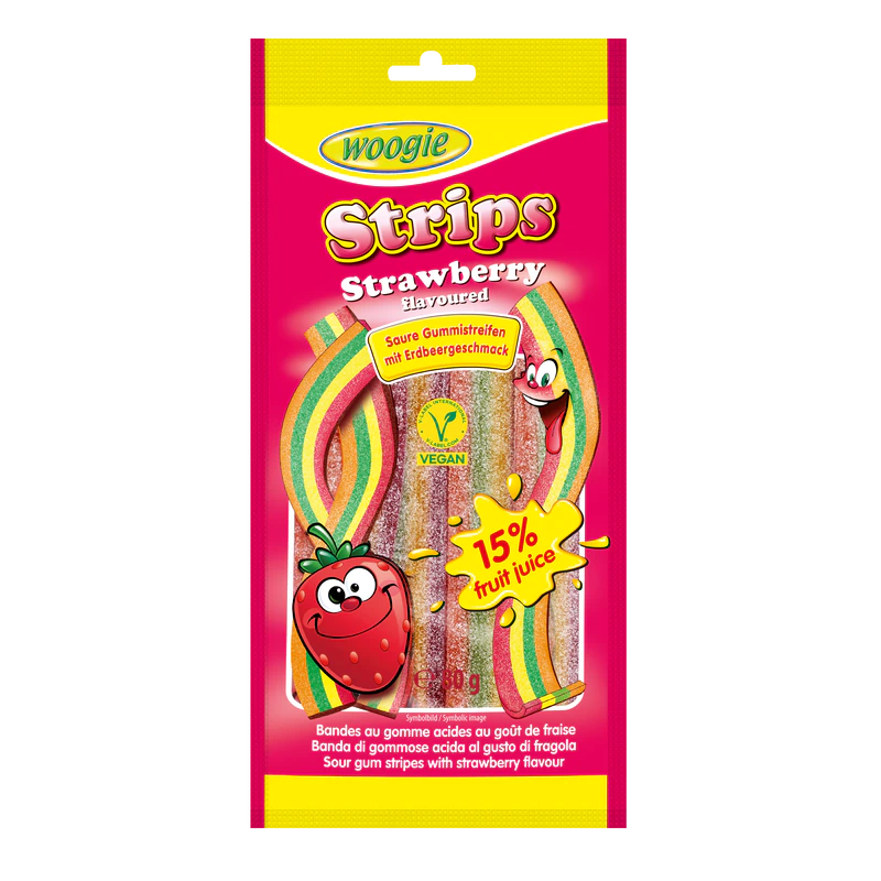 Woogie Strawberry flavoured candy with sour sugar coating 18x80g