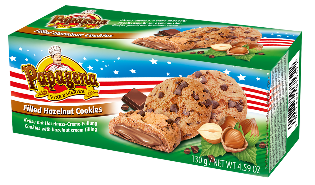 Choco chip cookies with hazelnut cream filling 18x130g